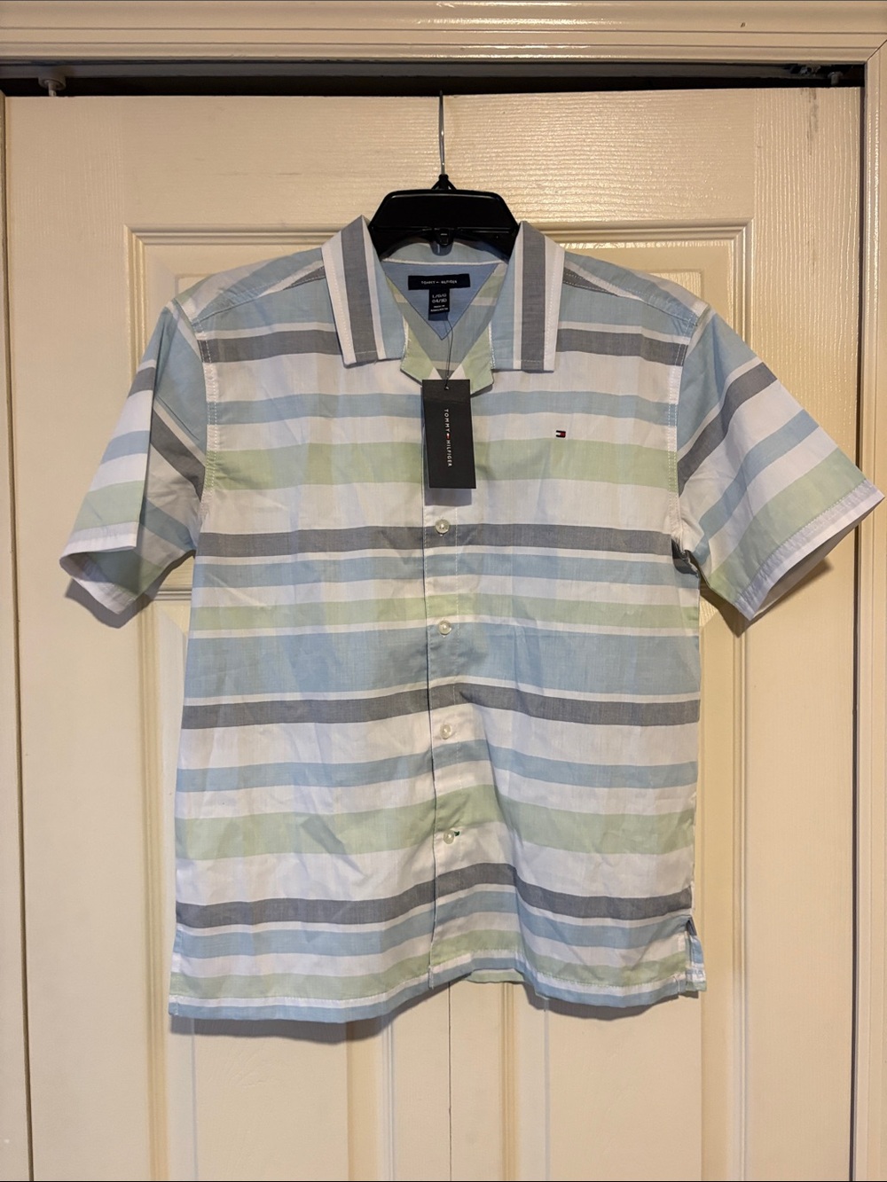 Tommy Hilfiger Boys Short-Sleeve Striped Button-Up Shirt - Light Blue/Green